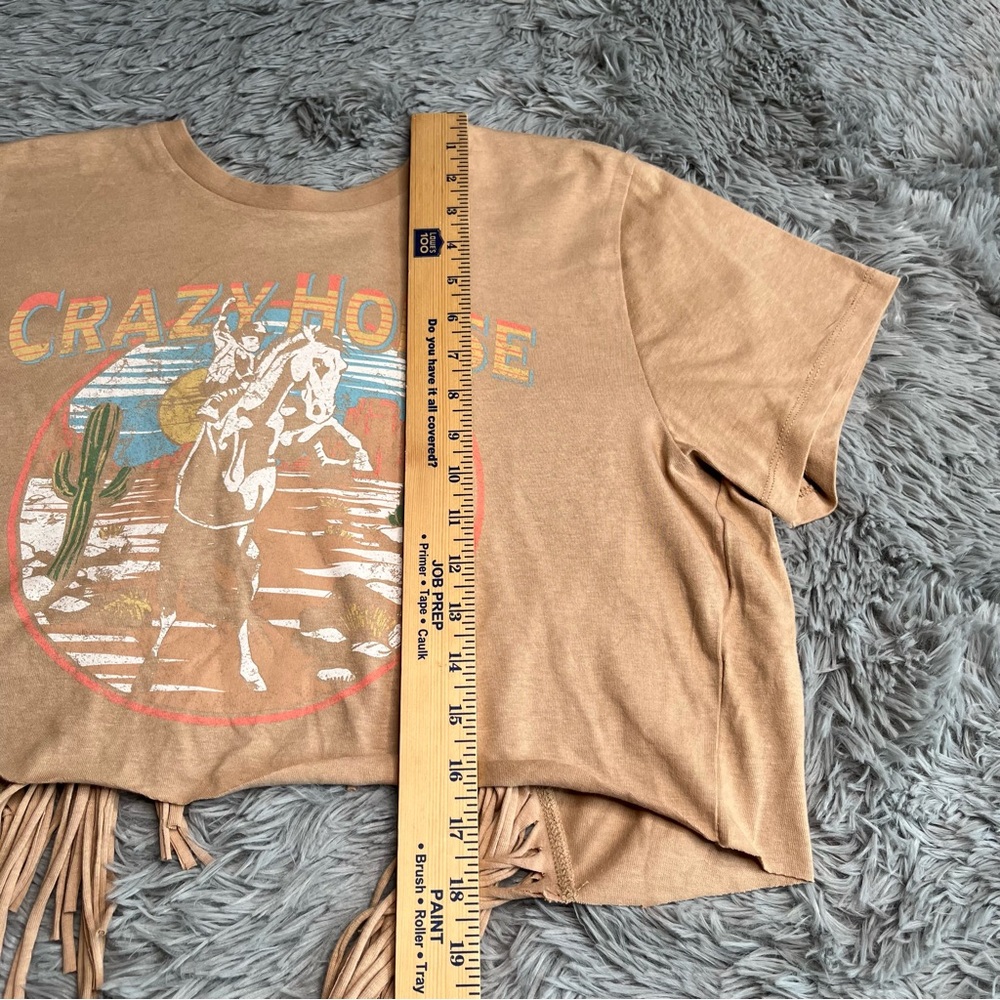 Forever 21 Shirt Womens Medium NWT Fringe Back Crazy Horse Rodeo Western Tan - Picture 3 of 8